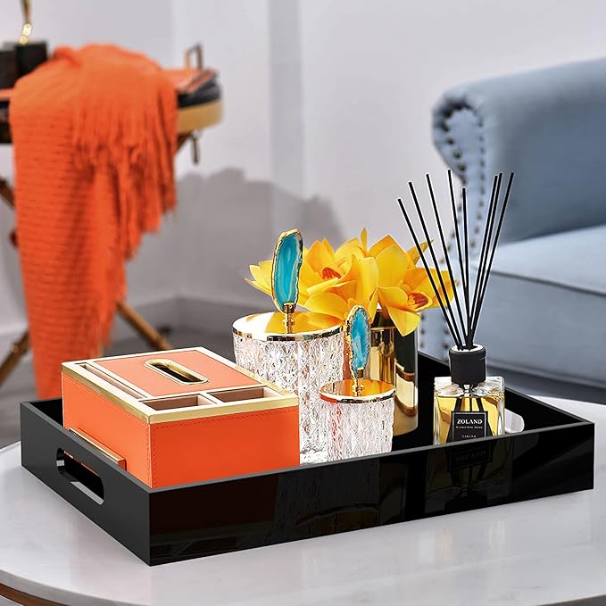 Acrylic Serving Trays with Handles, 16"x 12" Rectangle Sturdy Breakfast Tray, Black Decorative Trays Organiser for Bedroom, Kitchen, Living Room, Bathroom, Hospital and Outdoors