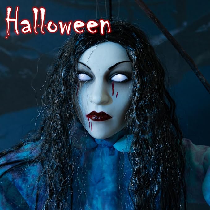 HollyHOME Halloween Hanging Ghost Girl with Glowing Eyes, Creepy Sound and Shaking Body Halloween Decorations Outdoor Scary Haunted House Prop 43’’
