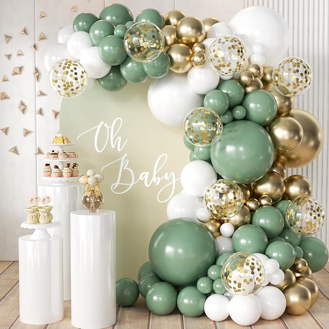 Sage Green Balloon Arch Kit, 166Pcs Olive Green White Gold Balloons Garland for Baby Shower Birthday Wedding Jungle Safari Party Decoration