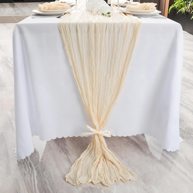 NESCCI 2 PCS Beige Table Runner,Rustic Boho Cheesecloth Table Runner,35x120 Inches Beige Runners for Tables, Pefect for Mothers Day Wedding Baby Shower Birthday Party Home Decorations