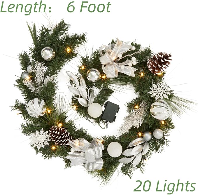 GarveeHome Christmas Garland with Lights for Mantle, 6 ft Battery Operated Silver White Xmas Garland with 20 LED Lights Timer Ribbon for Fireplace Stair Railing TV Stand Indoor Outdoor Holiday Decor