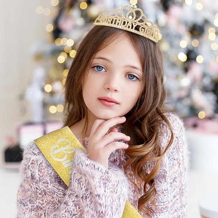 CAVETEE Birthday Crown for Women，Gold Birthday Girl Crowns & Sash - Girl Tiara for Party