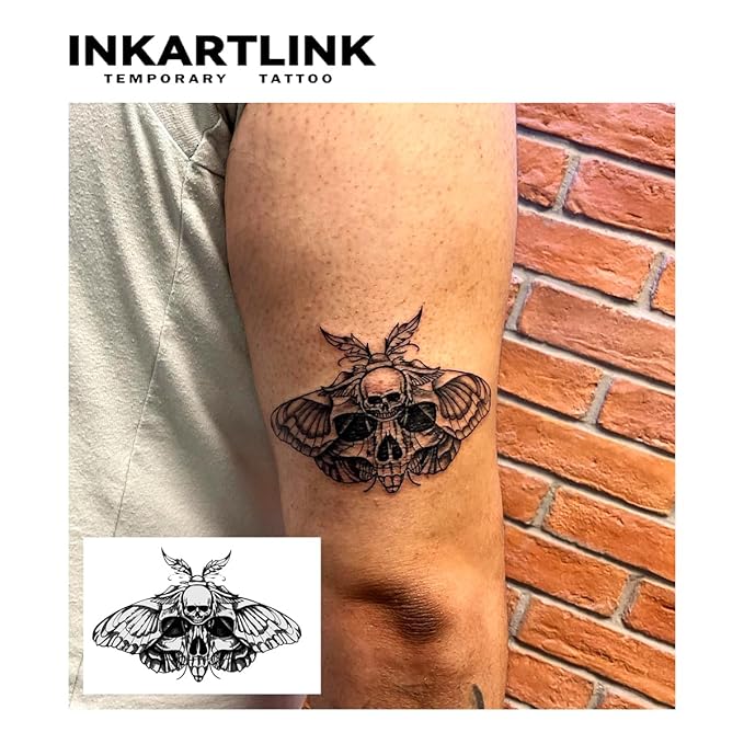 INKARTLINK Tattoo Tech, 2 Sheets Medium Semi Permanent Tattoo, Adult Art Design Temporary Tattoos, Lasts 1-2 Weeks, Waterproof, Realistic Look, No Adhesive, No Reflection (Moth Design)