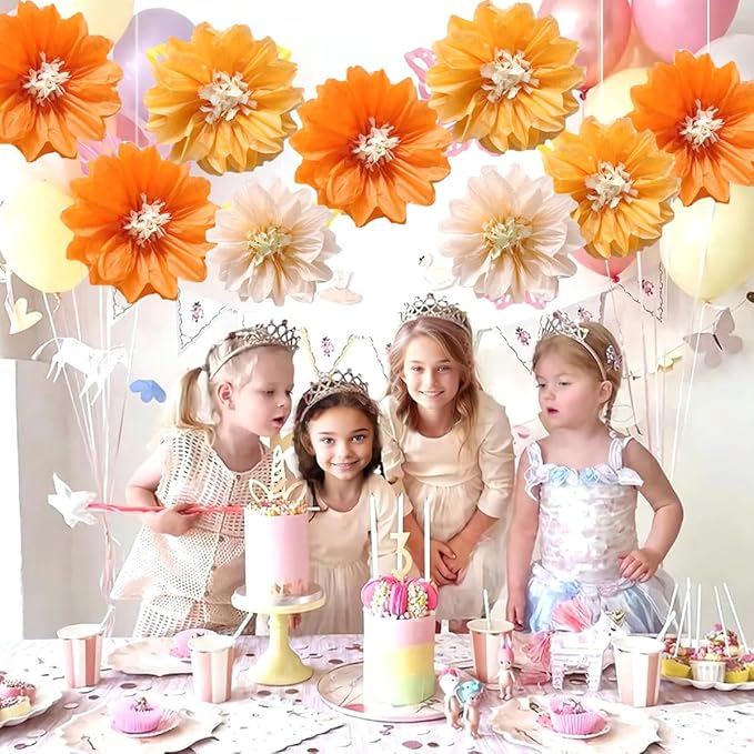12pcs 8in 10in Paper Flowers Tissue Flowers Pom Paper Pom Poms Hanging Paper Flowers Wall Backdrop Wedding Party Flower Decorations DIY Art Craft Blooms for Birthday Baby shower nursery decor Orange