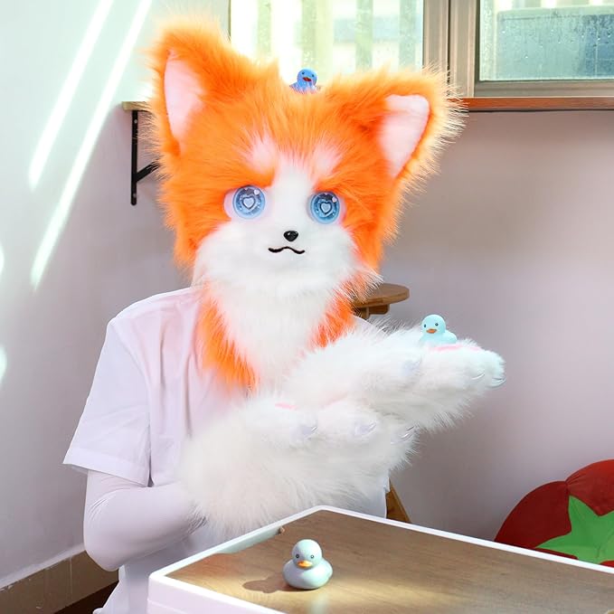 HAOAN Animal Furry Fursuit Head Mask Plush Cat Fox Mask Costume Props for Halloween Party