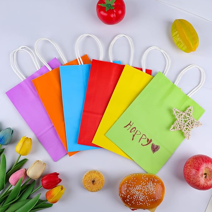 XPCARE 32Pcs Paper Gift Bags, 6.3"x3.15"x8.66" Kraft Paper Party Favor Bags Bulk Rainbow Goodie Bags Small Gift Bags with Handles for Kids Birthday Baby Shower Crafts Wedding Party Supplies (6 Colors)