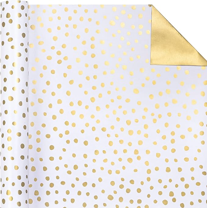 WRAPAHOLIC Reversible Wrapping Paper - Mini Roll - 30 Inch x 33 Feet - Gold Print and Delicate Polka Dot Wrapping Paper for Birthday, Holiday, Wedding, Baby Shower