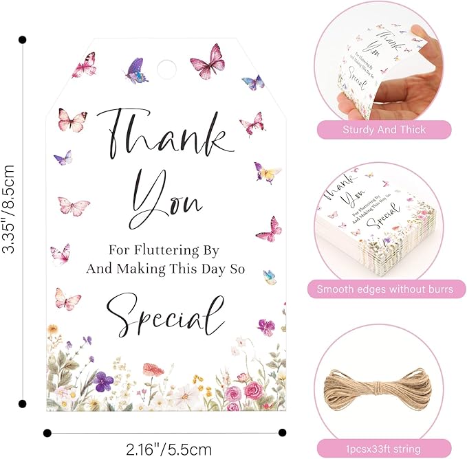 G2PLUS Butterfly Thank You Tags, 50 Pcs Thank You for Fluttering by Tags, Floral Butterflies Paper Gift Tag with String for Baby Shower, Birthday, Wedding Party Favors