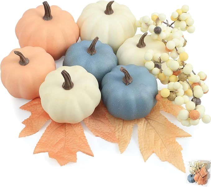 Artgar Fall Pumpkin Decor - Fake Foam Pumpkins - 11 PCS Mini Pumpkins with Maple Leaves Berries for Fall Halloween Thanksgiving Home Mantelpiece Table Tray Decoration