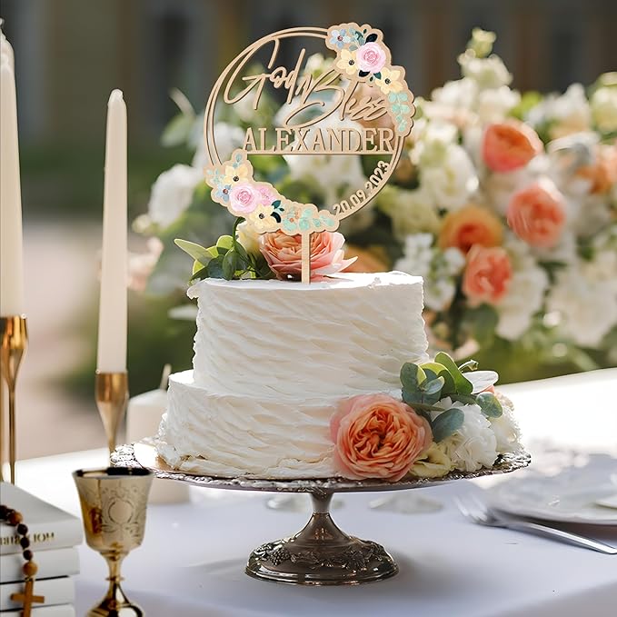 Personalized God Bless Cake Topper Custom Name & Date Baptism Christening Communion Cake Topper Decoration (Design 01)