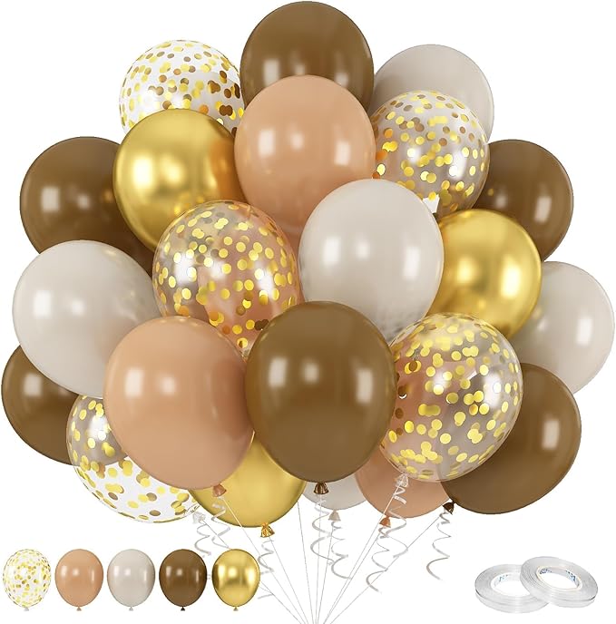 Brown and Gold Balloons, 60PCS 12 Inch Brown Sand White and Nude Balloon Set with Metallic Gold Confetti Balloons, Latex Helium Balloon for Birthday Wedding Graduation Anniversary Party Decorations