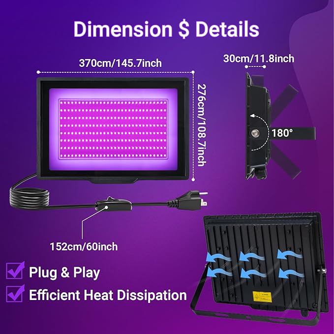 2 Pack 200W LED Black Light IP66 Waterproof,Blacklight with Plug+Switch, Flood Light for Glow Party,Halloween Decoration, Body Paint, Fluorescent Poster, Stage Lighting,Neon Glow,5.25Ft Cord