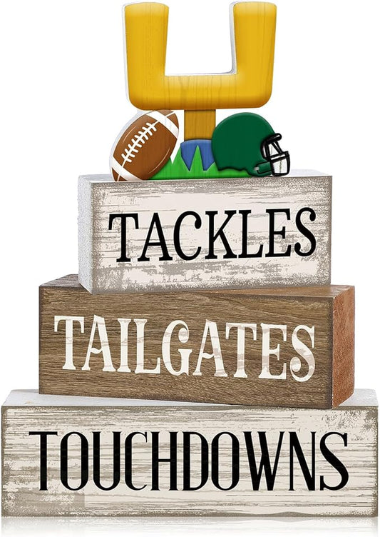 4 Pcs Football Table Decorations Football Tiered Tray Decor Sport Game Centerpiece Sign Decorative Rugby Stack Block Gift for Fans Club Tailgate Birthday Party Table Shelf Fireplace Decor