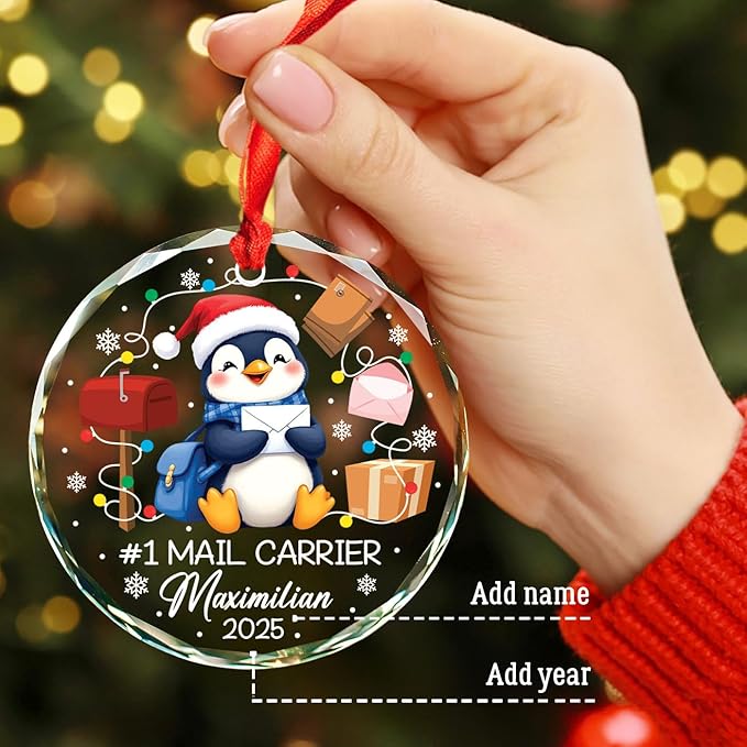 Personalized #1 Mail Carrier Christmas Glass Ornament, Best Mail Carrier Ever Ornament for Xmas Tree Decor, Custom Name Mailman Penguin Ornaments Xmas 2025, Postal Worker Christmas Keepsake Gift