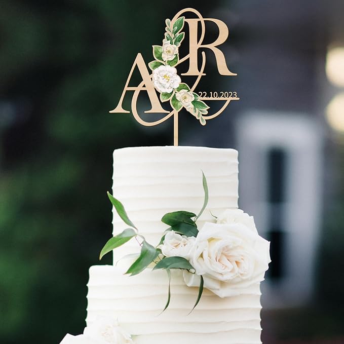 Personalized Wedding Cake Topper in Wood Custom Initials & Date Wedding Cake Decoration Printed with Flowers & Green Leaves