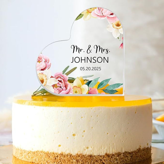 Custom Wedding Heart Acrylic Plaque,Mr & Mrs Cake Topper,Personalized Wedding Keepsake/Gift/Sign (Style 1)