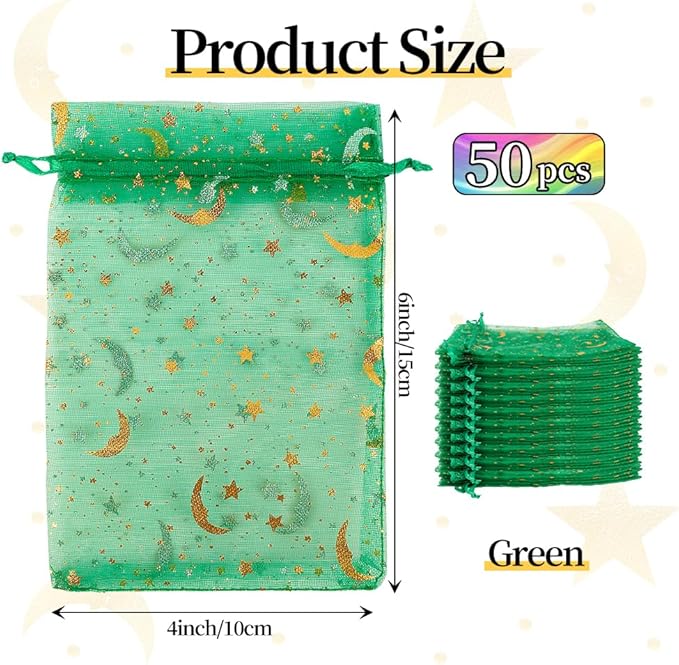 Moon Star Organza Bags 4x6 Small Mesh Bag Drawstring 50 Pcs Mesh Gift Bags Drawstring Pouch Wedding Favor Bags Jewelry Pouches Bulk Gift Pouch for Candy Soaps Birthday Festival Party Supplies, Green