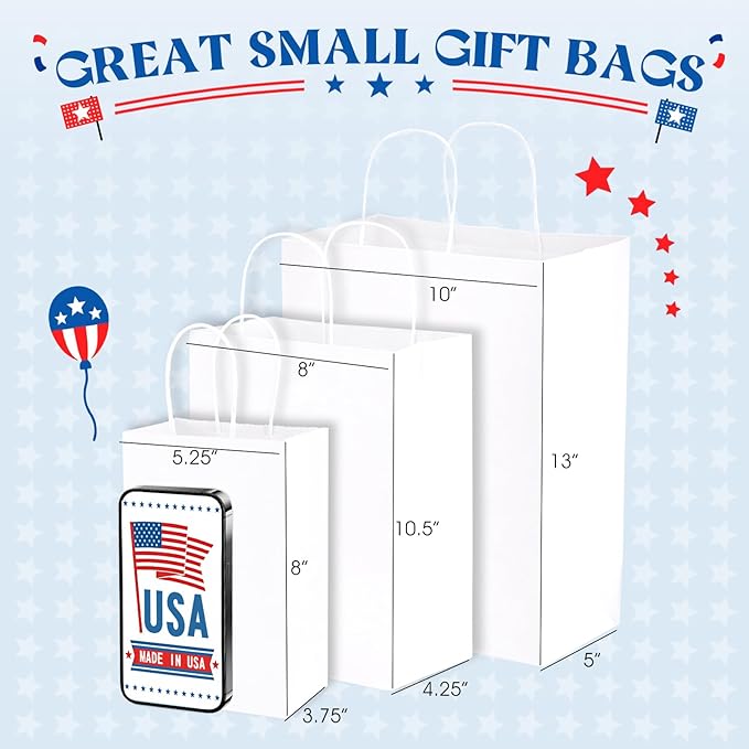 MESHA Gift Paper Bags 500 PACK 8x4.25x10.5 Inch White Medium Shopping Kraft Bags Bulk with Handles Reusable for Business Grocery Birthday Wedding Kids Party Favors(Made in USA)