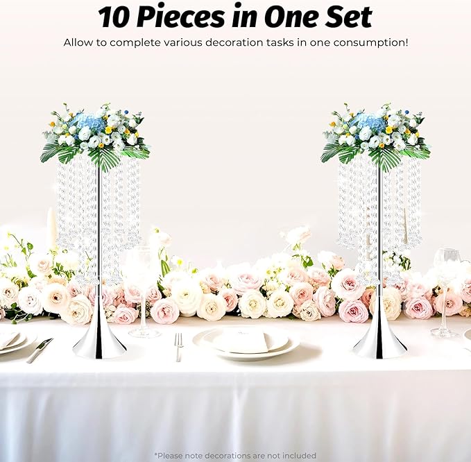 10pcs Silver Vases Wedding Centerpieces, 21.9'' Tall Crystal Metal Vase Wedding Road Lead Flower Holders, Metal Crystal Centerpiece Table Decorations, Crystal Flower Stand for Wedding(Silver)