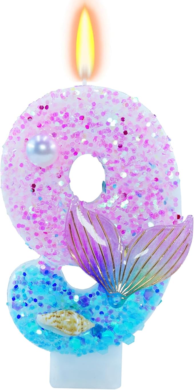 Mermaid Themed Birthday Candles, Number 9 Girls Glitter Birthday Party Supplies,Anniversary Party Decor,2.87 inch Cake Topper Decorations (Mermaid Themed, Number 9)