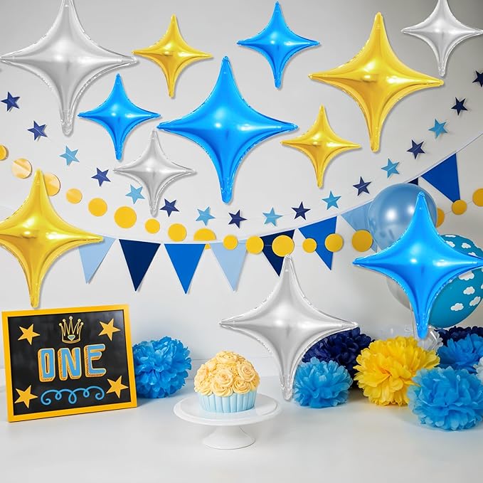 Blue Gold Silver Balloons,12Pcs Four Angle Star Foil Balloons,26Inch and 10Inch Blue Silver Gold Quadrangle Helium Balloon for Birthday Anniversary Party Decorations