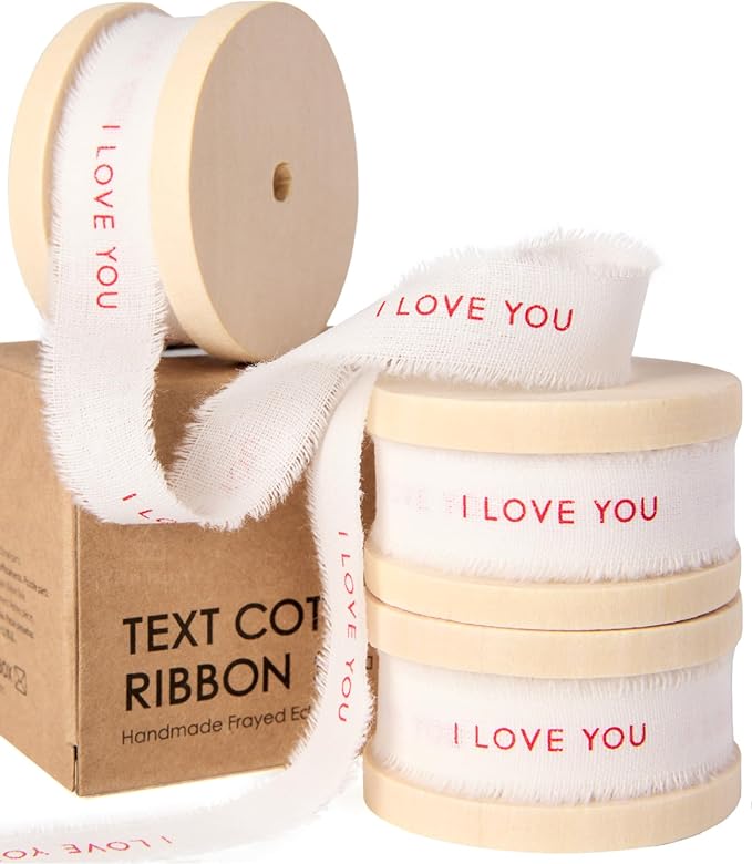 Vitalizart I Love You Cotton Ribbon 5/8 Inch Natural Handmade Frayed Fringe Ribbons for Mothers Day Gift Wrapping Anniversary Crafts Wedding Bridal Flower Bouquets Decor 15 Yd