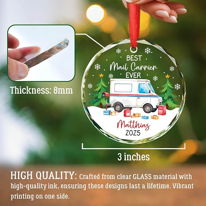 Best Mail Carrier Ever Christmas Ornament, Personalized Postal Worker Appreciation Glass Ornament, Mail Truck Christmas Tree Decorations for Mailman Postman, Custom Name & Year Mailman Ornaments Xmas
