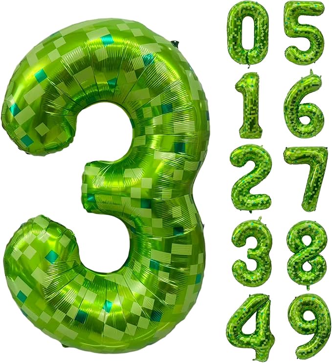 Green Number Balloons, Gaint Green Pixel Number 3 Balloon 40 Inch Dark green 3 Balloon for Boys Girls Kids 3rd Birthday Party Decoration