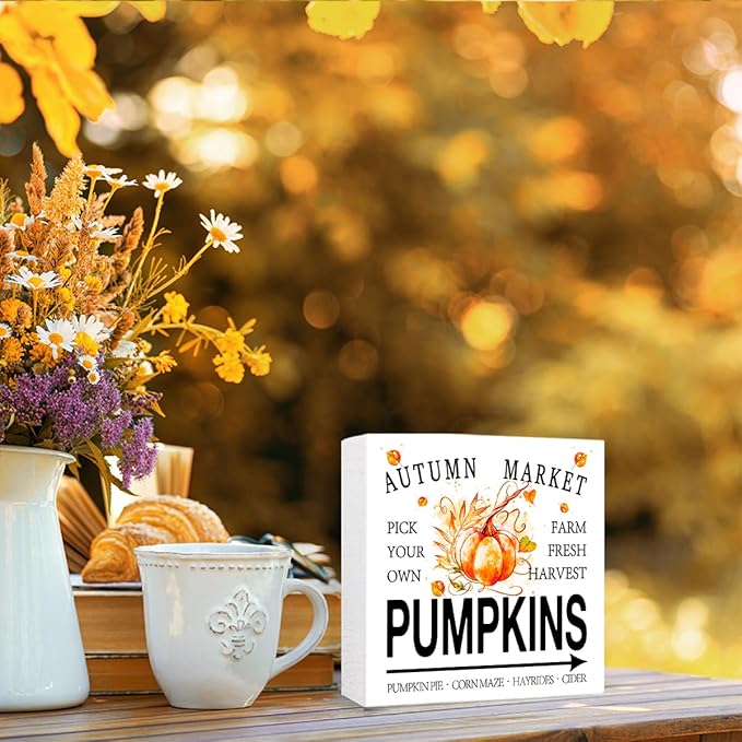 Funny Autumn Wood Box Sign Autumn Market Pumpkins Wooden Block Desk Decor for Home Office Kitchen Cubicle Table Shelf Tabletop,Farmhouse Fall Sign Decor