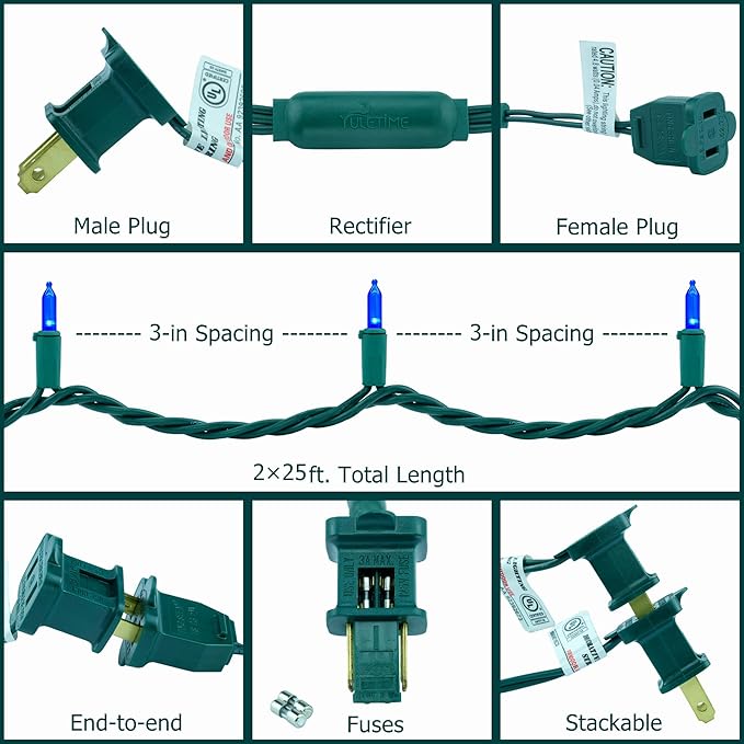 YULETIME Blue LED Christmas Lights 200 Count 50 ft, Pack of 2 Strands 25 ft 100 Lights UL Certified String Light Set (Blue)