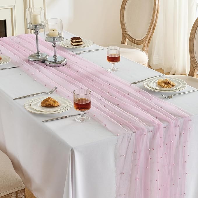 Fanami 1 Pack Pearl Table Runner -10FT Blush Pink Boho Tulle Table Runners 120 Inches Long Rustic Sheer Lace Fabric Centerpieces for Wedding Arch Birthday Party Bridal Veil Baby Shower Decorations