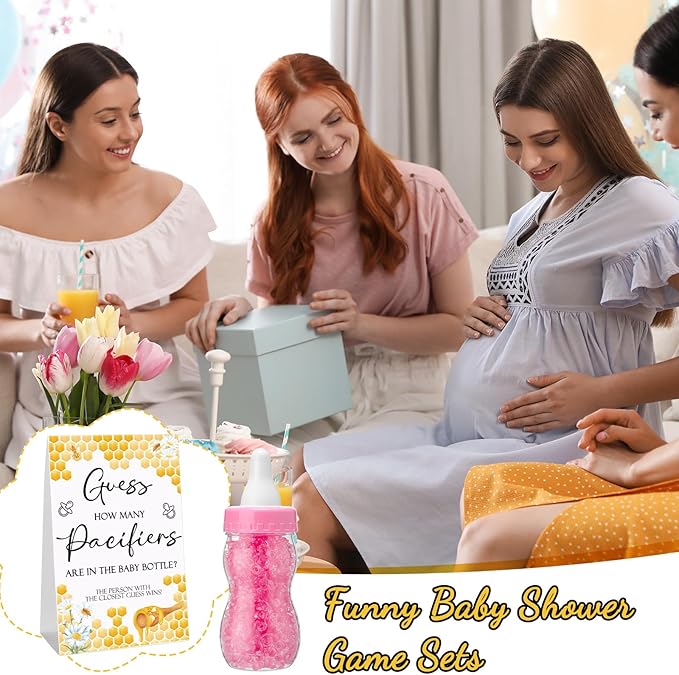Roowest 512 Pcs Baby Shower Games Guess How Many Pacifiers Sign 100 Small Guessing Games 10 HB Pencils 750ml Milk Bottle 400 Acrylic Pacifiers Decoration for Guest Gender Reveal(Pink,Bee)