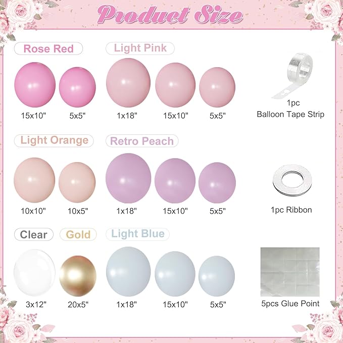 Light Pink and Blue Balloon Arch Kit, Princess Gold Pink Rose Orange Balloon Garland Kit for Wedding Birthday Baby Shower Gender Reveal Bridal Decorations
