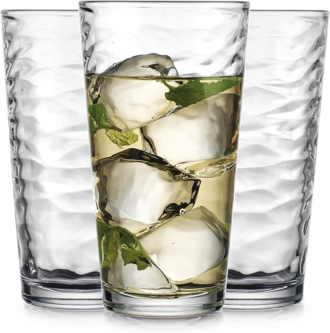 Glaver's Hammered Glass Cups. Cocktail Drinking Glasses Set of 6 Tall Kitchen Glasses, 17 oz Water Glassware For Bar, Juice, Beer, Iced Tea, Everyday Cordial Glasses Drinkware.