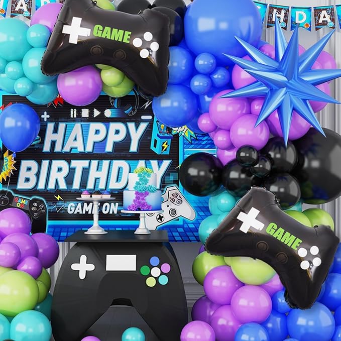 120PCS Video Game Balloon Arch Kit, Blue Purple Green Black Party Balloons with 2Pcs Game Handle Foil Balloons 4D blue star for Video Game Theme Birthday Party Boys Night Decor