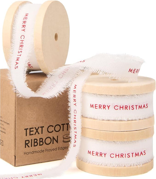 Vitalizart Merry Christmas Ribbon 5/8 Inch Natural Cotton Handmade Frayed Fringe Ribbons 15 Yd for Gift Wrapping Crafts Flower Wreath Garland Holiday Decorations