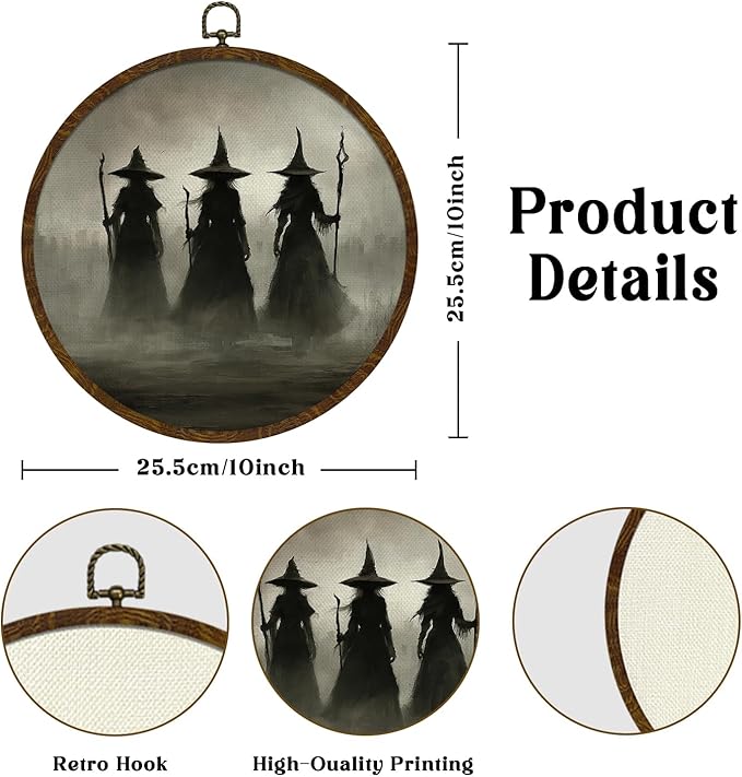Funny Halloween Witchs Round Wall Art,Gothic Canvas Wall Hanging Decor, Spooky Farmhouse Vintage Round Wall Art for Bedroom Living Room Entryway, Rustic Witch Gothic Wall Decor,Gift for Halloween (Dark-witch)