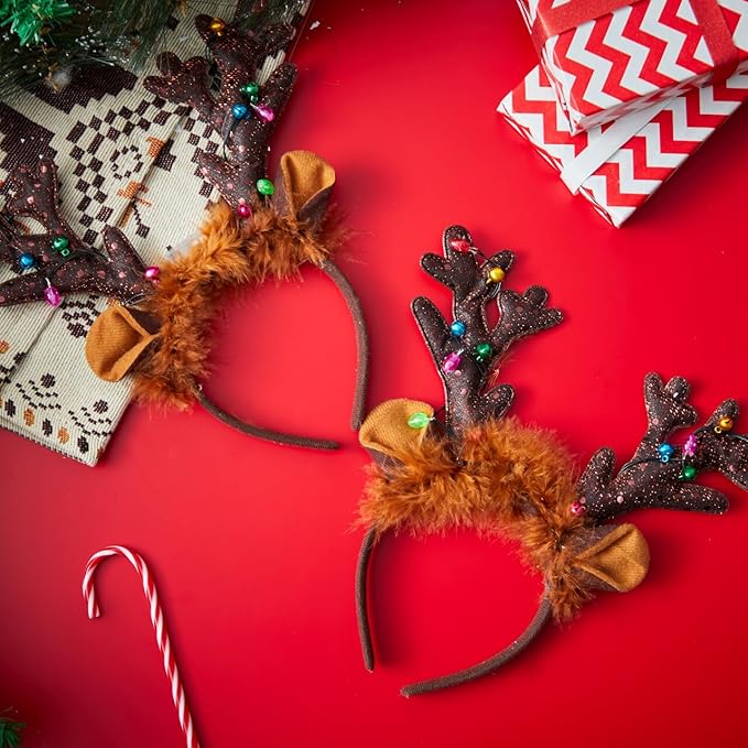 JOYIN Christmas 2PCS Reindeer Headband, Light-Up LED Antlers Reindeer Hat Holiday Headbands for Christmas Party Supplies and Holiday Parties Favors (ONE SIZE FITS ALL)
