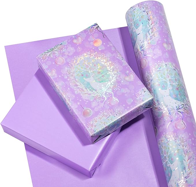WRAPAHOLIC 30 Inch Jumbo Reversible Purple Christmas Wrapping Paper - 30 Inch x 100 Feet Jumbo Roll Purple Reindeer and Christmas Garland with with Metallic Foil Shine for Holiday, Party
