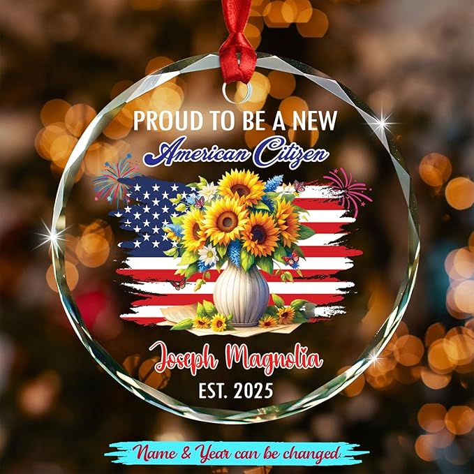Proud to Be A New American Citizen Glass Christmas Ornament 2025, Custom USA Flag Xmas Ornament Gift for Grandma Wife Mom Immigrants Naturalization, Personalized Name USA Citizenship Decor Ornaments
