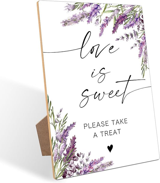 Love Is Sweet Sign, Lavender Dessert Table Decor, Bridal Shower Decorations, Wedding Reception Table Decorations, Purple Floral Wooden Sign with Stand for Wedding Reception And Bridal Party Decor, 37