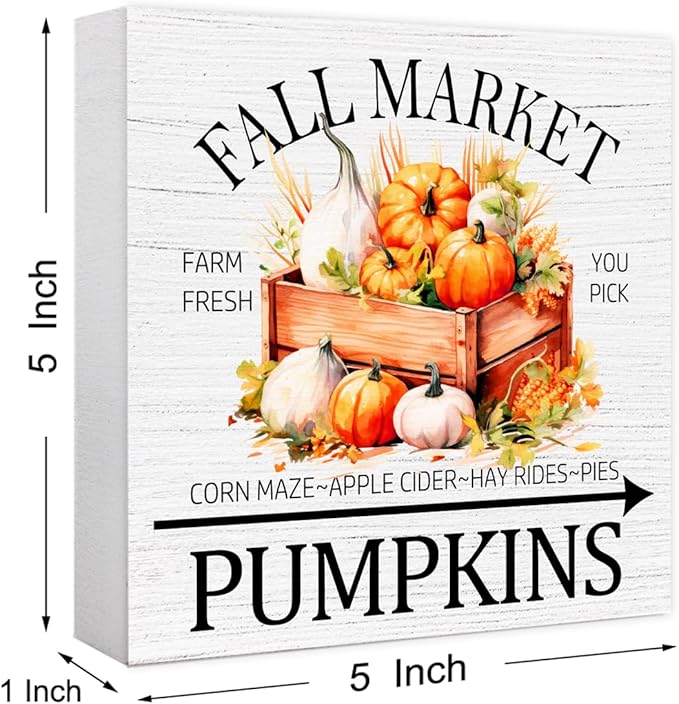 Funny Autumn Wood Box Sign Fall Market Pumpkins Wooden Block Desk Decor for Home Office Kitchen Cubicle Table Shelf Tabletop,Farmhouse Fall Sign Decor
