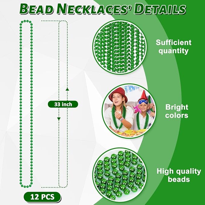 12PCS St Patricks Day Necklace, St Patricks Day Beads Necklace Accessory Set, Mardi Gras St Patricks Costumes Necklaces, Festive Accessories for Mardi Gras St. Patricks Parade Throws Decorations