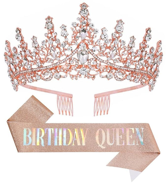 Birthday Tiara Crown with Sash for Women, Headband Hair Accessories for Wedding Party Costume Rose