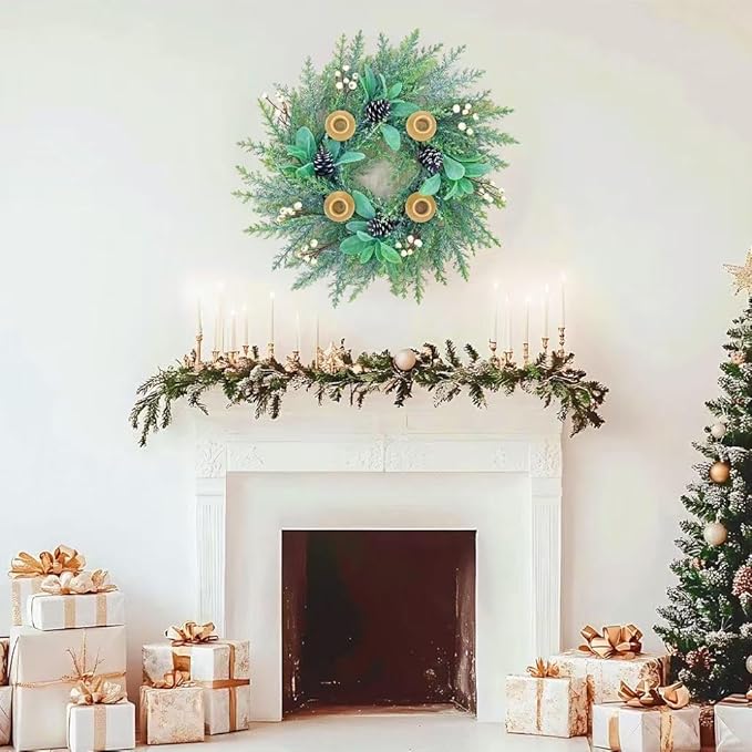 20 Inch Christmas Candlestick Wreath for Front Door,Artificial Snowy Pine Wood Paired with Off White Berries Used for Window, Wall, Porch, and Other Indoor and Outdoor Home Decorations