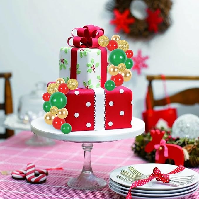 BEISHIDA 40 Pcs Ball Cake Toppers Mini Balls Cake Decorations Red Green Gold Silver Sticks Foam Balls DIY Cake Topper Insert Balls Cake Decorations for Baking Christmas Party Decorations