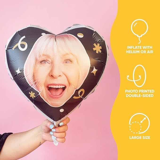 Big Dot of Happiness Personalized Fun Face Photo Black & Gold Heart Balloons, Custom Birthday Balloons, Anniversary Decorations, Bachelorette Party Decor, Double-Sided Mylar Balloon, 1 Piece