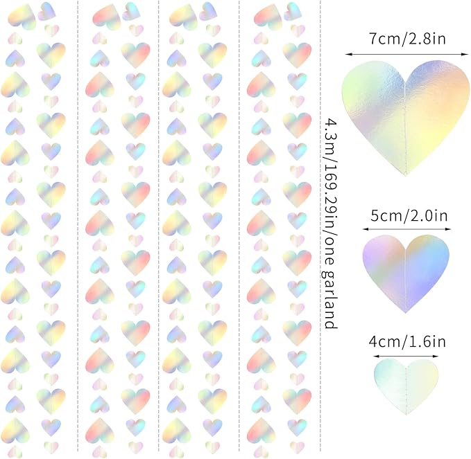 Iridescent Disco-Holograpic Party-Decorations Heart Garland - 56Ft Neon Galentines Love Hanging Streamers Banner,Wedding Bachelorette Birthday Engagement Bridal Baby Shower Backdrop Decor Burgleda