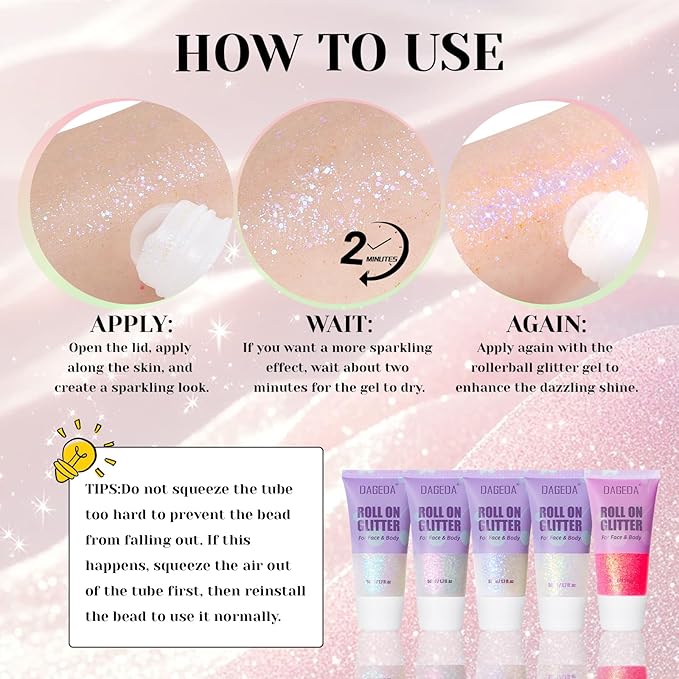 DAGEDA 2 Colors Roll-on Body Glitter, Eye Face Glitter Gel for Festival Outfit Mermaid Accessories,Holographic Color Body Shimmer Makeup Rave Outfits Accessories for Women(03+04)