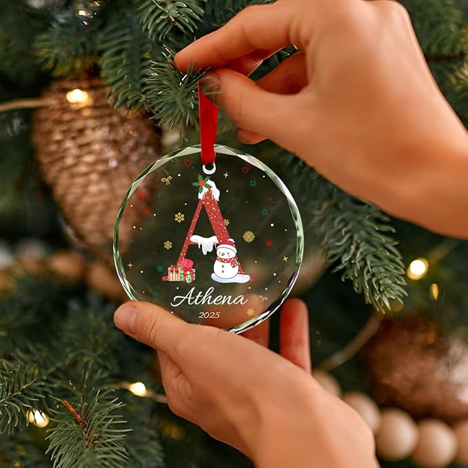 Personalized Round Christmas Crystal Glass Ornaments Custom 2025 Name Ornament for Christmas Tree Decorations Customized Xmas Tree Hanging Gifts for Family Boys Girls
